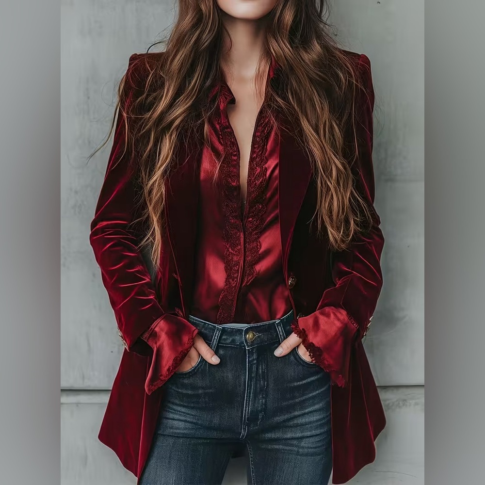 Women's Deep Red Velvet Blazer Jacket